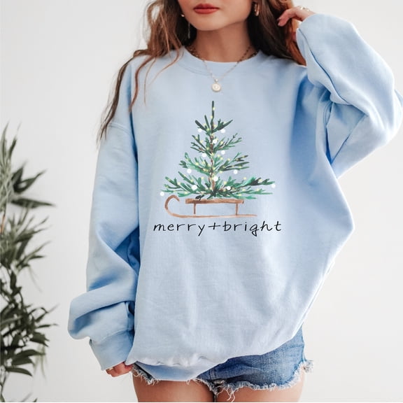 Merry   Bright Christmas Tree Sweatshirt | Watercolor Holiday Sled Pullover