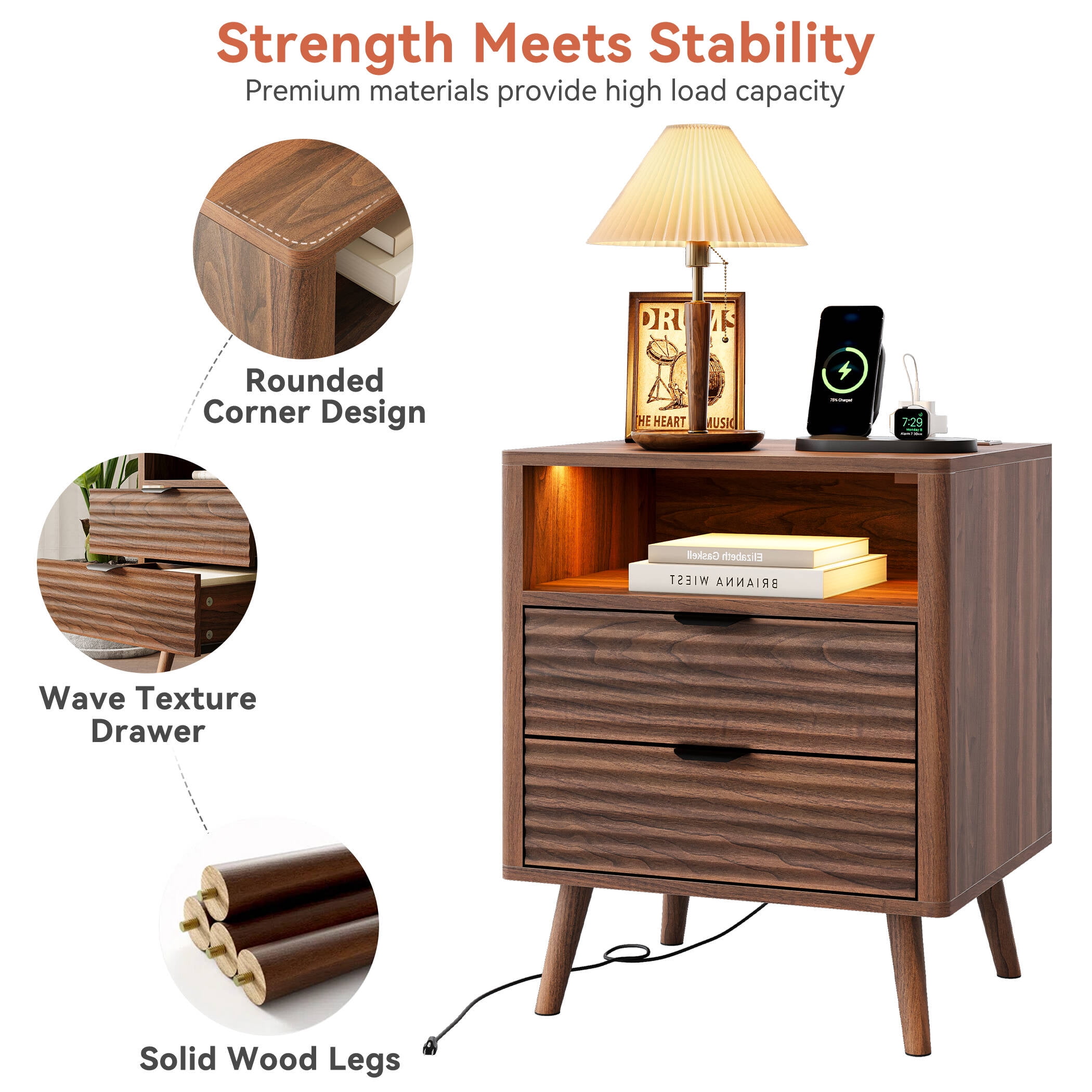 GUNAITO Fluted Nightstand Set of 2 for Bedroom with Charging Station Bedside Table with LED Light Wood Nightstand with Open Shelf and 2 Drawers Walnut