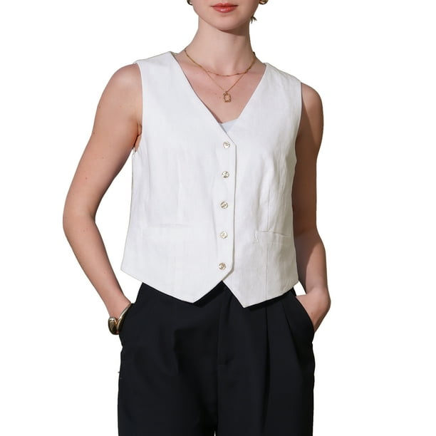 CHALCO CHIC Chaleco de Lino para Mujeres Sin Mangas con Cierre de Botones y Escote en V XL Blanco