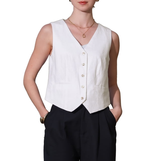 CHALCO CHIC Chaleco de Lino para Mujeres Sin Mangas con Cierre de Botones y Escote en V XL Blanco