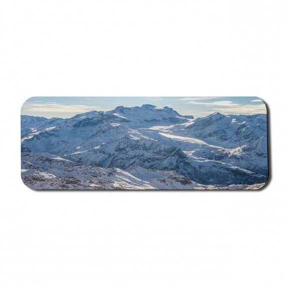 Mountain Computer Mouse Pad, Snowy Mountain Scene Under the Sky Winter Wilderness Untrodden Nature Print, Rectangle Non-Slip Rubber Mousepad Large, 31" x 12" Gaming Size, White and Blue, by Ambesonne