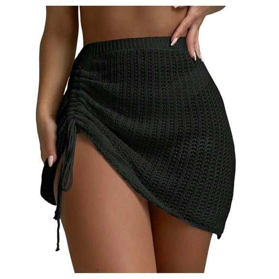 Riforla Women's Crocheted Smock Skirt Holiday Style Skirt Hollowed Out Pull String Sexy See Through Beach Skirt Skirts for Women Black L