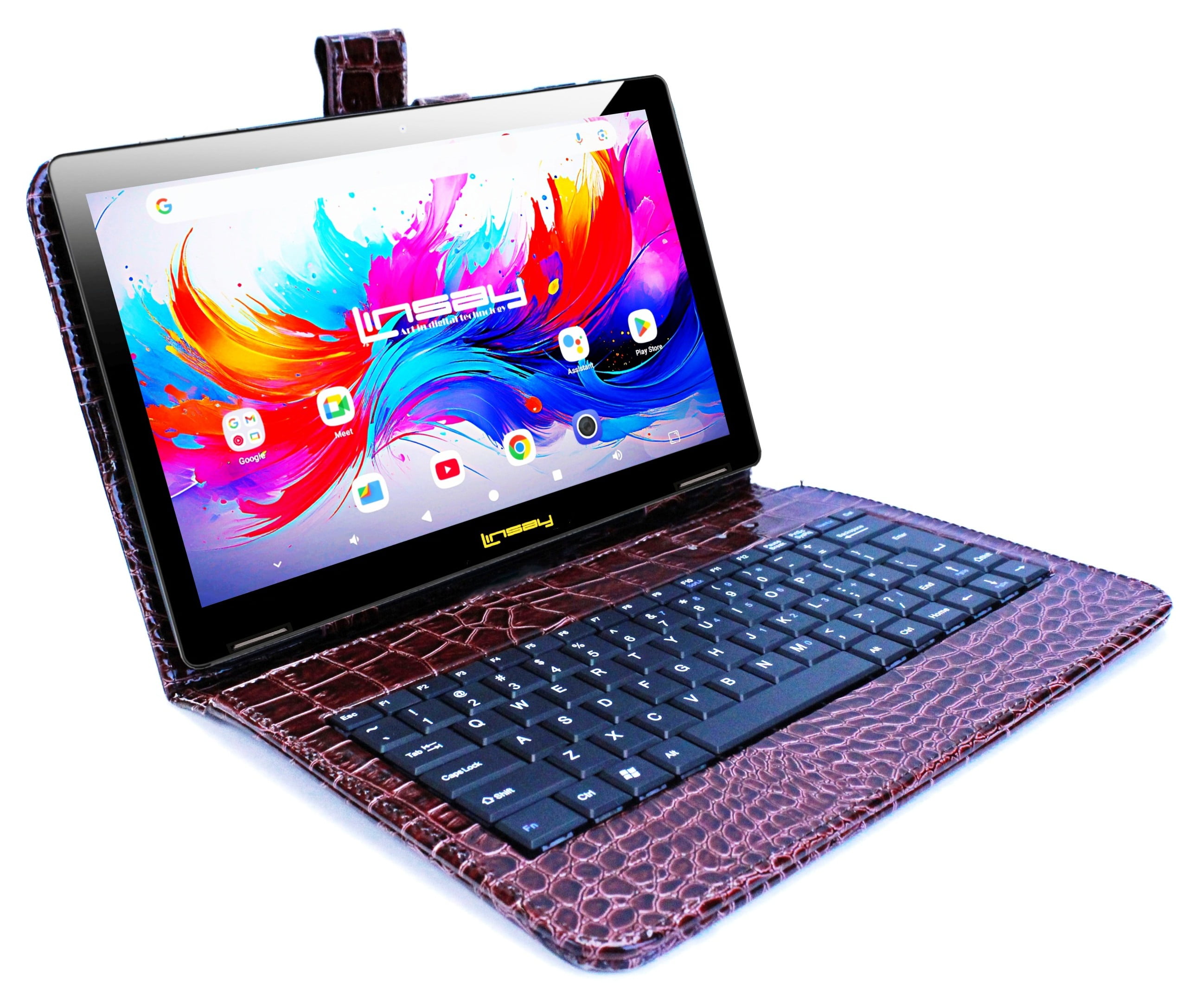 LINSAY 10.1" Octa Core 256GB Storage Android 15 Tablet with Brown Crocodile Keyboard