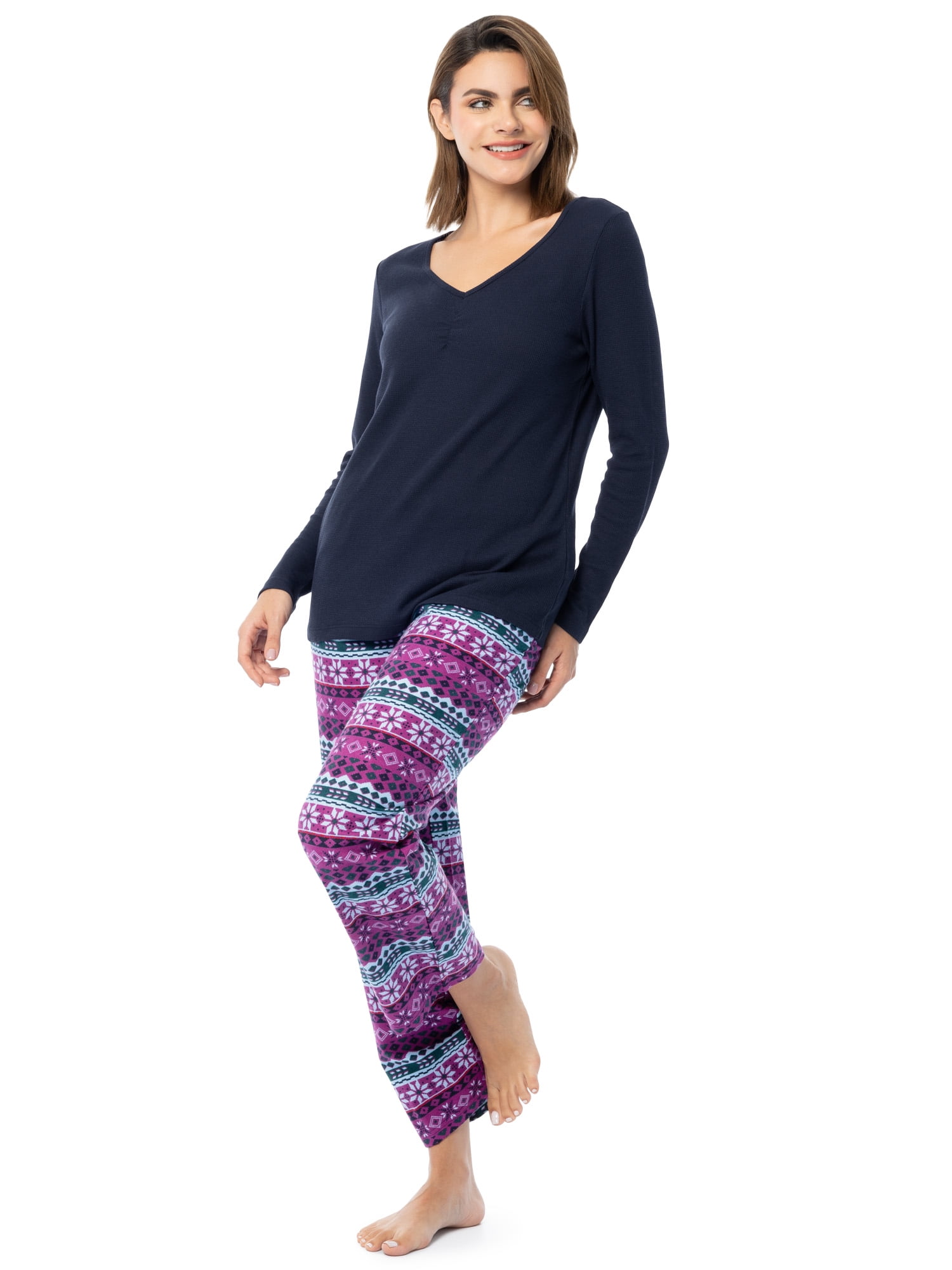 Fruit of the Loom Women's Beyond Soft Long Sleeve Waffle Top and Flannel Bottom Pajama Set, Sizes S-4X
