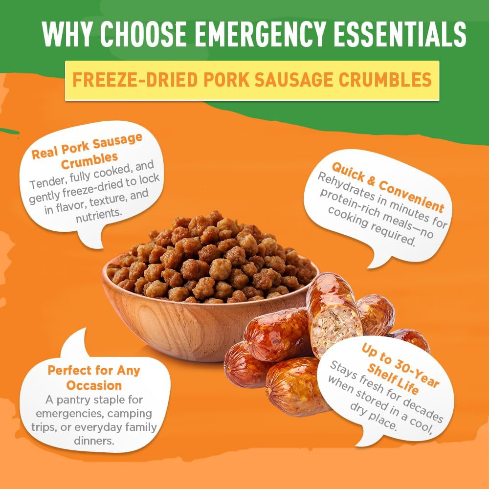 Emergency Essentials Fully Cooked Freeze Dried Pork Sausage Crumbles | 20 Servings | Shelf Stable Protein | 30 Year Shelf Life* | Ready To Use Premium Pork Topping for Breakfast and Every Day Meals