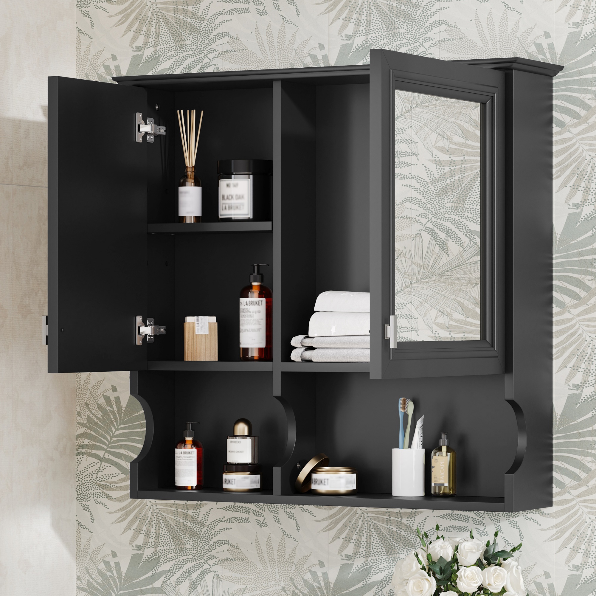 Euroco 30 Inch Mirror Medicine Cabinet with Open Shelves, Wall Mounted Home Storage with Doors & Mirror, Adjustable Shelf, Bathroom Storage Cabinet over Toilet