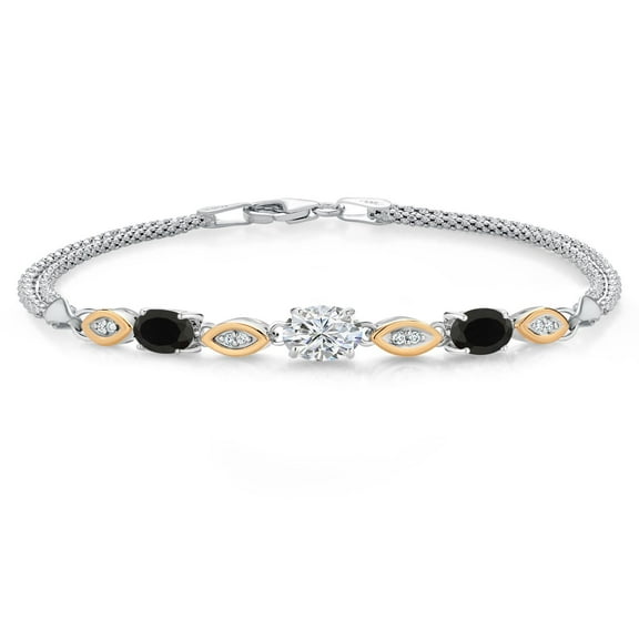 Gem Stone King 925 Silver and 10K Yellow Gold Lab Grown Diamond and Black Onyx Bracelet for Women | 1.58 Cttw | Center Diamond 0.70 Ct | DEF Color | VVS-VS Clarity | Wheat Chain | 6.5 inches
