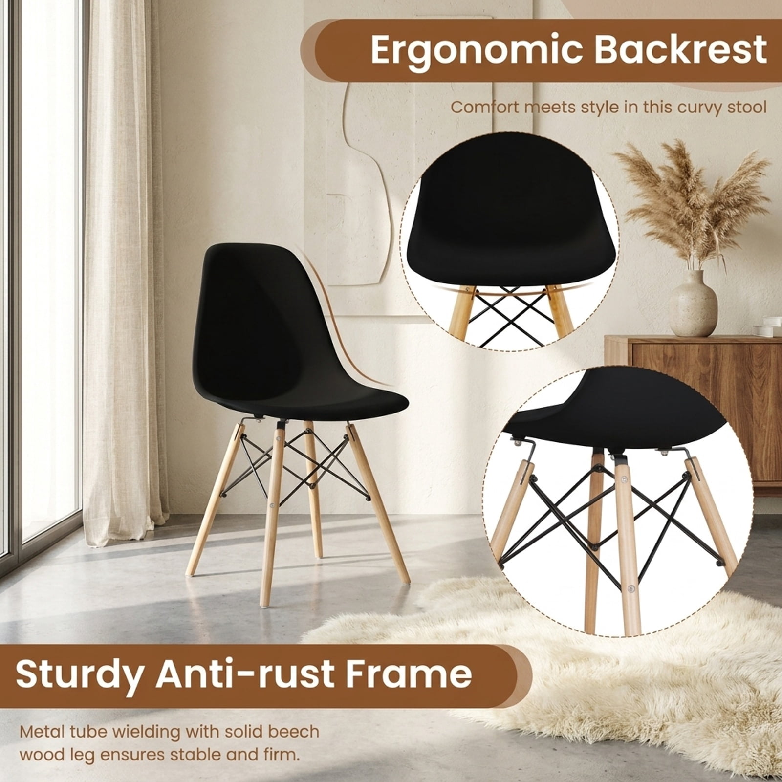 Furnibear 4 Pieces Modern Armless Dining Chair Set with Wood Legs for Kitchen Dining Room Living Room Home, Black