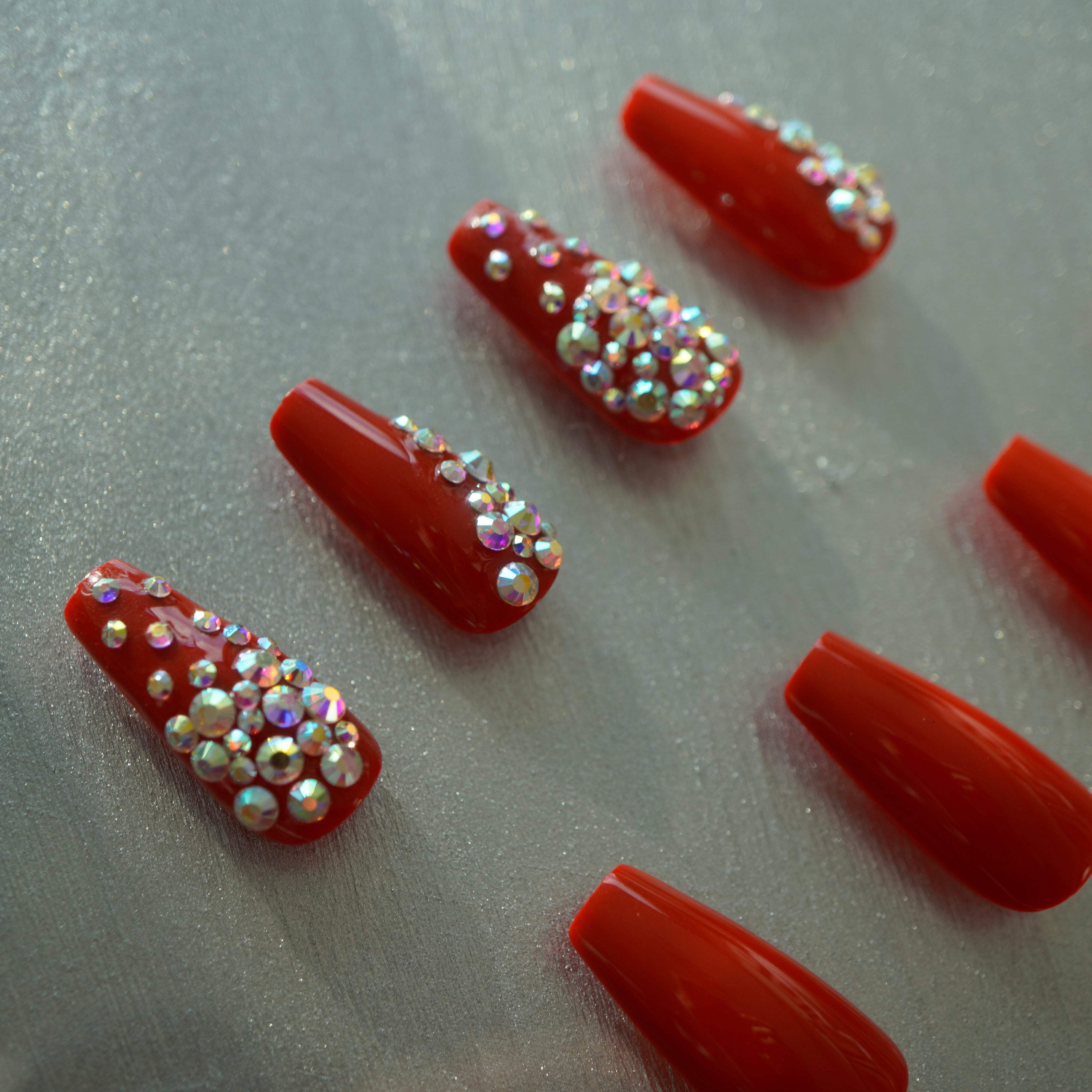 Red 3D Crystal Press On Nails, Love Queen, Extra Long Coffin Ballerina Rhinestones Fake Nails Set