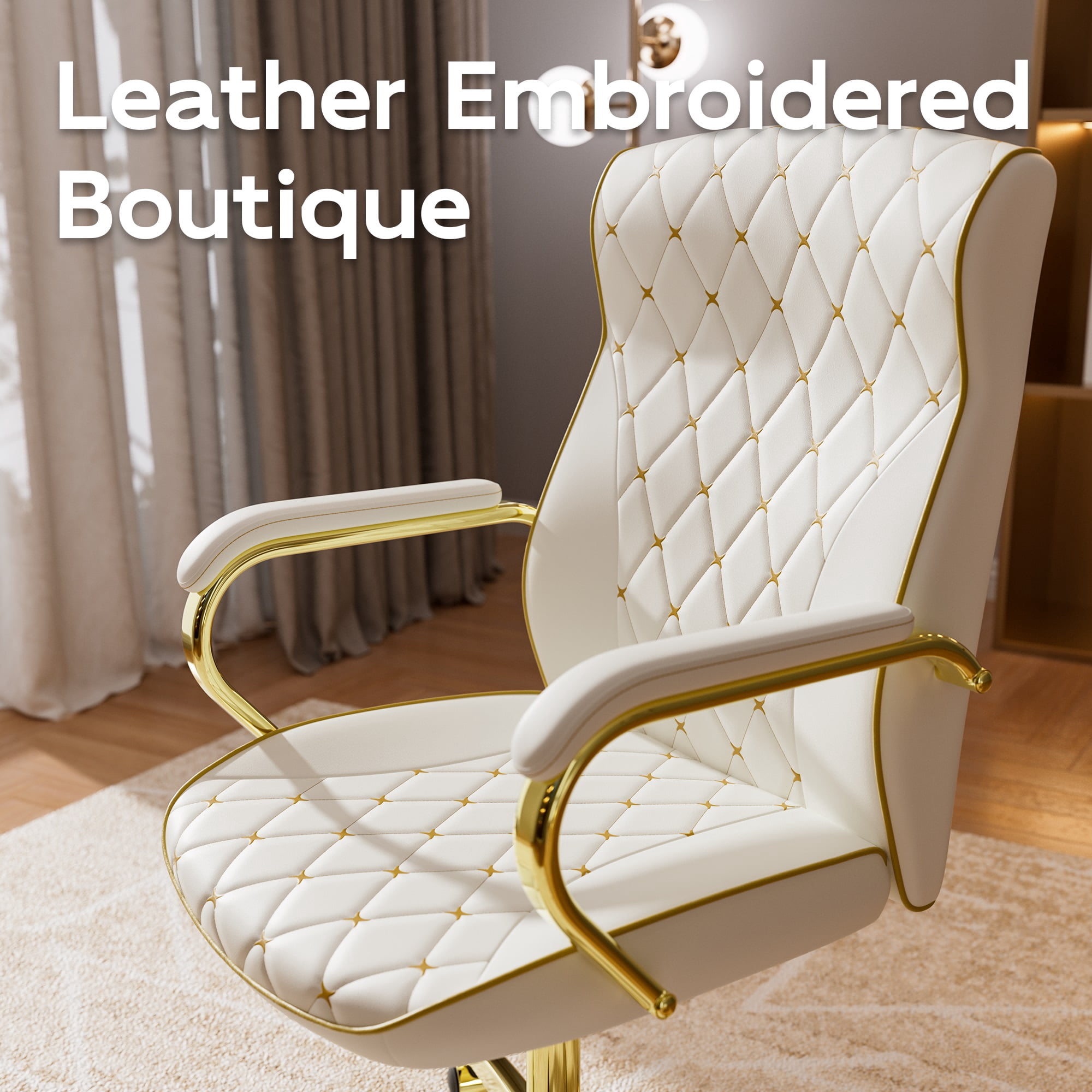 Ninecer White and Gold Office Chair with Soft Leather Embroidery, Mid Back Vintage Swivel Executive Desk Chair with Wheels and Padded Arms, Adjustable Height