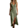 thumbnail image 5 of SAWOBUUN Womens Summer Cotton Maxi Dress Sleeveless V Neck High Waist Button Down Long Dress Side Slit for Beach Vacation, 5 of 9