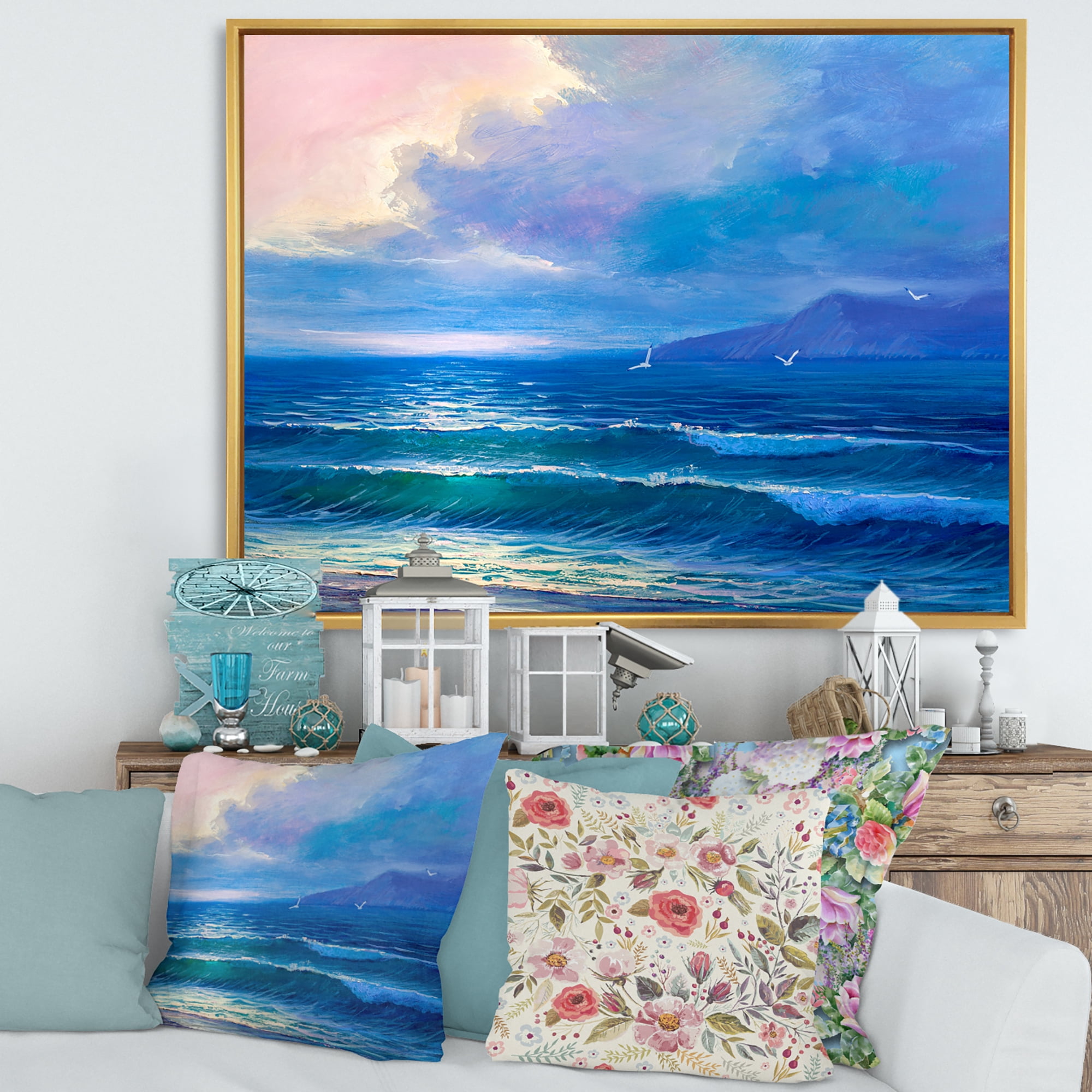 Sunrise Glow On The Sea Waves I 32 in x 16 in Framed Painting Canvas Art Print, by Designart
