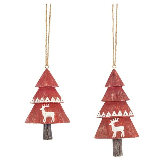 Red Christmas Trees with Deer Hanging Ornaments Set of 2 Holiday Decorations New