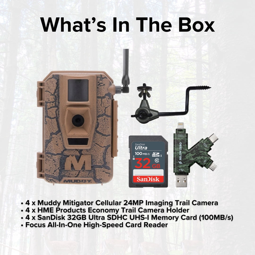 Muddy Mitigator Cellular 24MP Imaging Trail Camera (4-Pack) Bundle with Trail Camera Holder (4-Pack), SDHC UHS-I Memory Card (4-Pack), and High Speed Card Reader (13 Items)