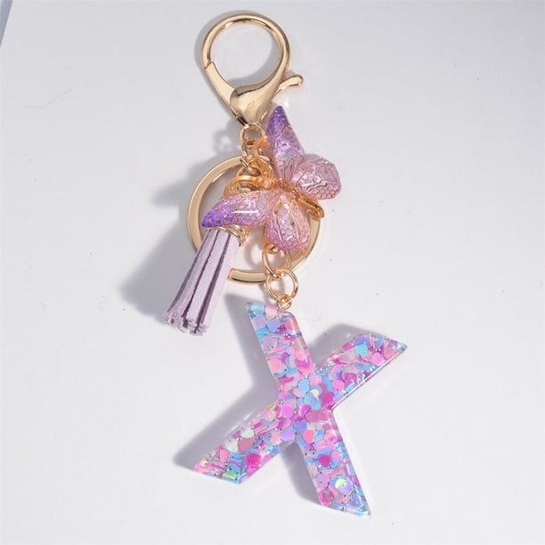 Llavero con letras de lentejuelas de ensueño para mujer, colgante de mariposa con borla, inicial, monedero, bolsos de suspensión, dijes, llavero de coche, A-Z