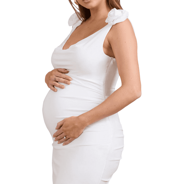 Boiiwant Maternity Dress Women Short Sleeve Draped Neck Flower Midi Dress  Pregnant Ruched Bodycon Skirts Photo Shoot Photography Gown 