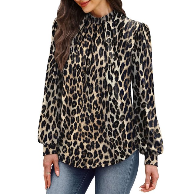 Camisas de Larga para Mujer, Blusas de Cuello Alto con Pliegues Delanteros, Ropa Informal Elegante para Otoño. Estampado de Leopardo L