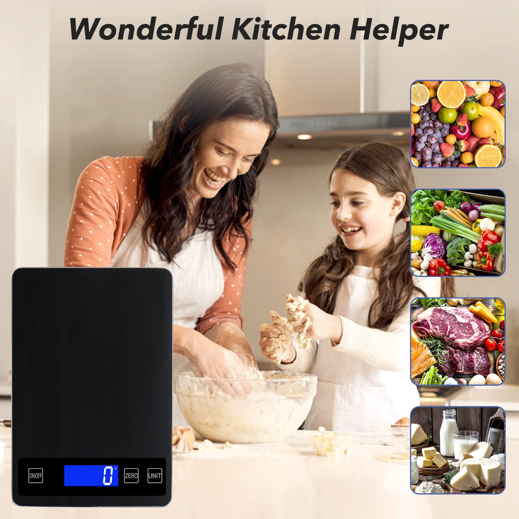 33lb Food Kitchen Digital Scale,1g/0.05oz Precise Graduation, USB Charging Kitchen Scale, Waterproof Stainless Steel with LCD Display, Ounces and Grams for Weight Loss, Cooking, Baking (silvery)