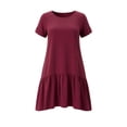 thumbnail image 4 of Plus Size Summer Dresses for Women Round Neck Ruched Waist Dress Women's Summer Solid Color Round Neck Short Sleeve Ruffle Midi Dress Wine L, 4 of 6