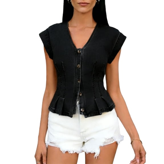 Shihyeh Womens V Neck Denim Vests Tops Trendy Summer Casual Button Down Y2k Fitted Pleated Sleeveless Jean Tops