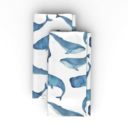 

Cotton Sateen Dinner Napkins (Set of 2) - Blue Whales White Watercolor Ocean Nautical Sea Life Nursery Print Cloth Dinner Napkins by Spoonflower