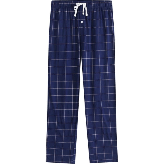 Vulcanodon Mens Plaid Sleep Pants, Cotton Pajama Pants with Pockets, Soft Lounge Pajama Bottoms for Men(Navy-plaid 01, Large)