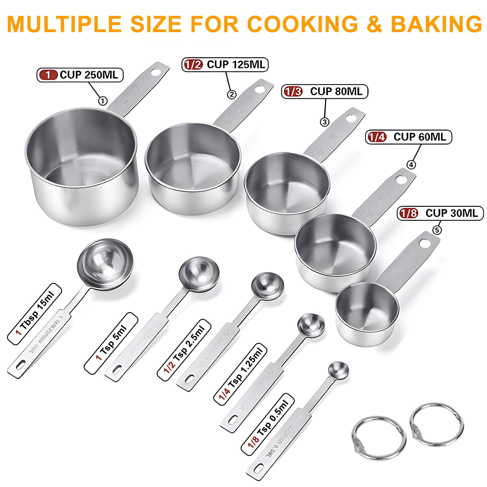 Measuring Cups and Spoons Set of 10, 5 Stainless Steel Cups and 5 Spoons for Kitchen Cooking Baking