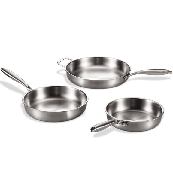 DELARLO Triply Stainless Steel Pan 8/10/12In Frying pan Set,Induction Skillet Compatible Up to 600℉, Fast and Even Heat