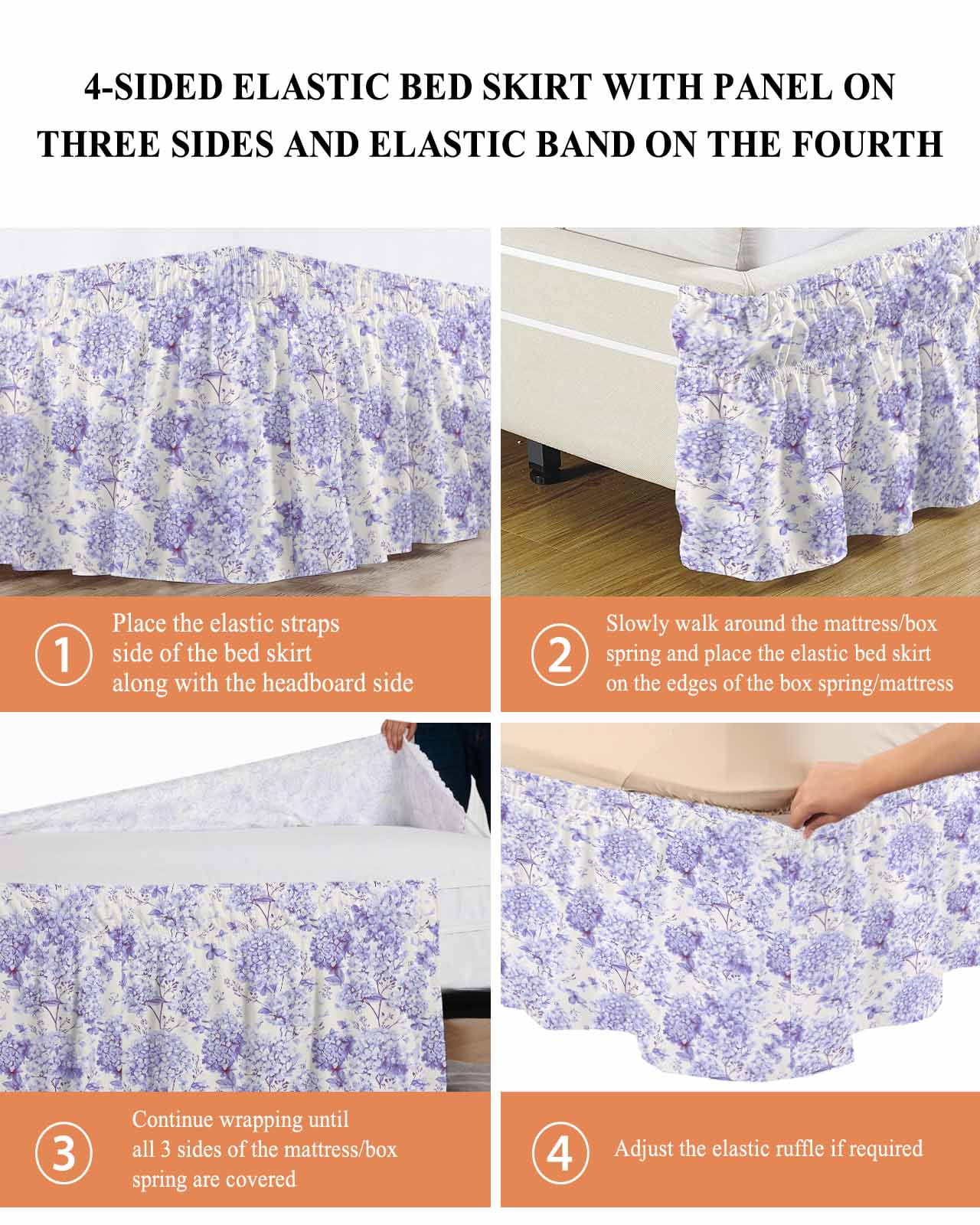 Purple Floral Wrap Around Bed Skirts for Queen Bed 18" Drop,Bed Skirt with Adjustable Elastic Belt Dust Ruffle Bed Valance for Bedroom Hotel Hydrangeas Flower Spring Summer Botanical Bed Frame Cover