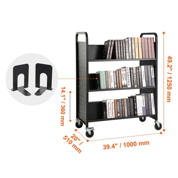 KFFKFF Book Trolley 330 lbs Capacity 39.4 x 20.1 x 49.2 Mobile Library Cart Dual Sided W Design Sloping Shelves 4 Locking Casters for Home Office School Use Black Book Carrier Walmart