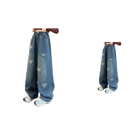 Girls Wide Leg Jeans – High Waist Baggy Denim Pants with Heart Patch, Soft Stretchable Fabric, Korean Style Casual Y2K Streetwear for Autumn