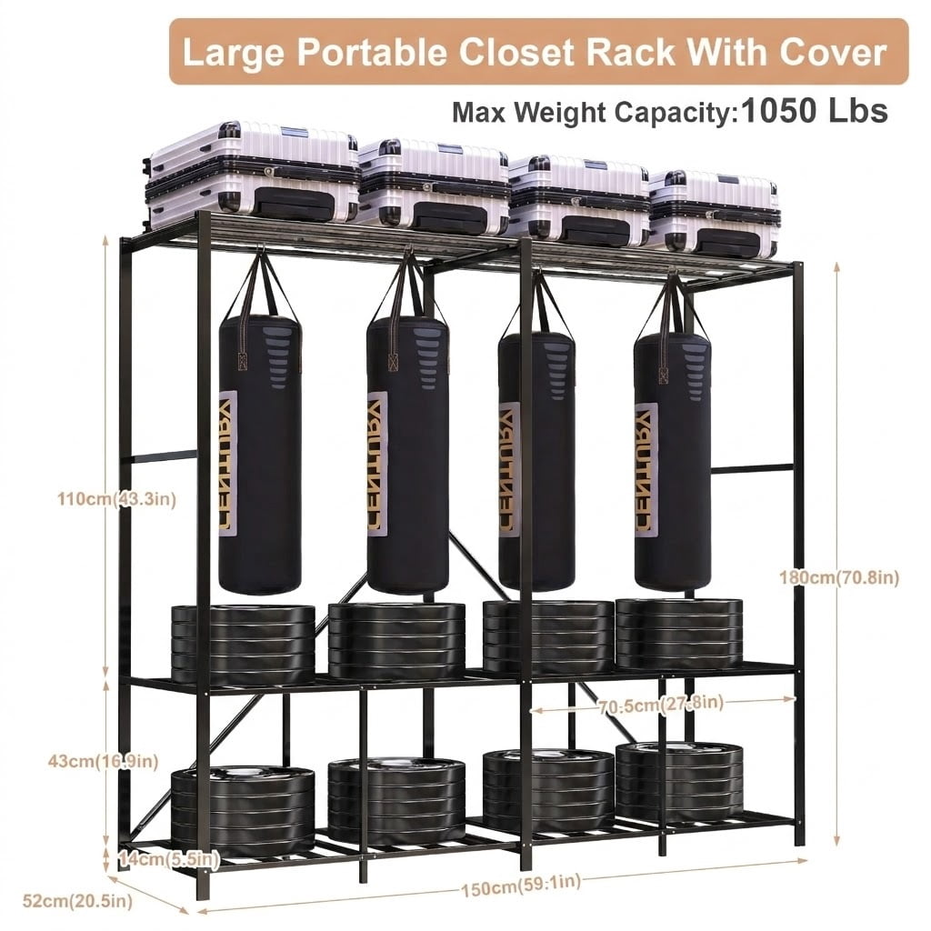 Caulitar Heavy Duty Portable Closet with Cover, Foldable Metal Wardrobe, 3-Tier Garment Rack with Cover (59.1"D x 20.5"W x 70.8"H, Gray)
