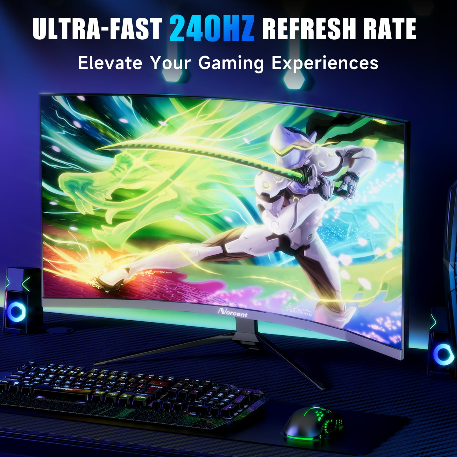 Norcent 27-inch FHD VA Gaming Curved Monitor with Rainbow Lights, 240Hz Refresh Rate, Eye Care 1080P Display, FreeSync G-Sync Compatible, 1ms DisplayPort, HDMI, DP and Speakers