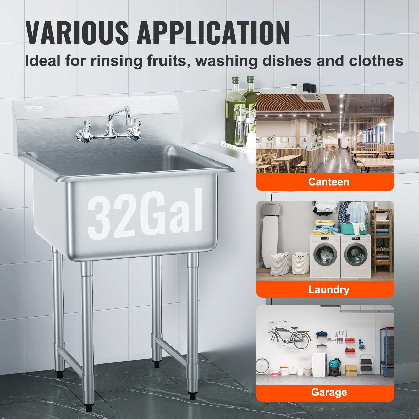 NSF Certified Stainless Steel Prep & Utility Sink, 1 Compartment Free Standing with Faucet & Legs, 27"x41" Commercial Single Bowl for Garage, Restaurant, Kitchen, Laundry