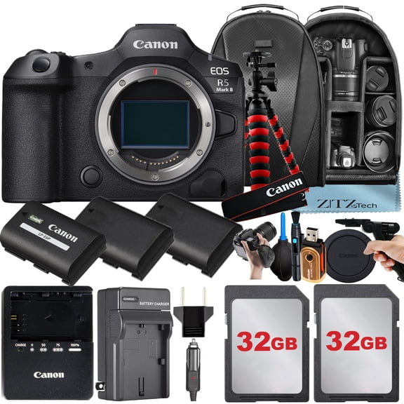 Canon EOS R5 Mark II Mirrorless Camera (Body Only) with 2 Pack 32GB SanDisk Memory Card   3 Pieces Battery   Backpack   Tripod   ZeeTech Accessory Bundle