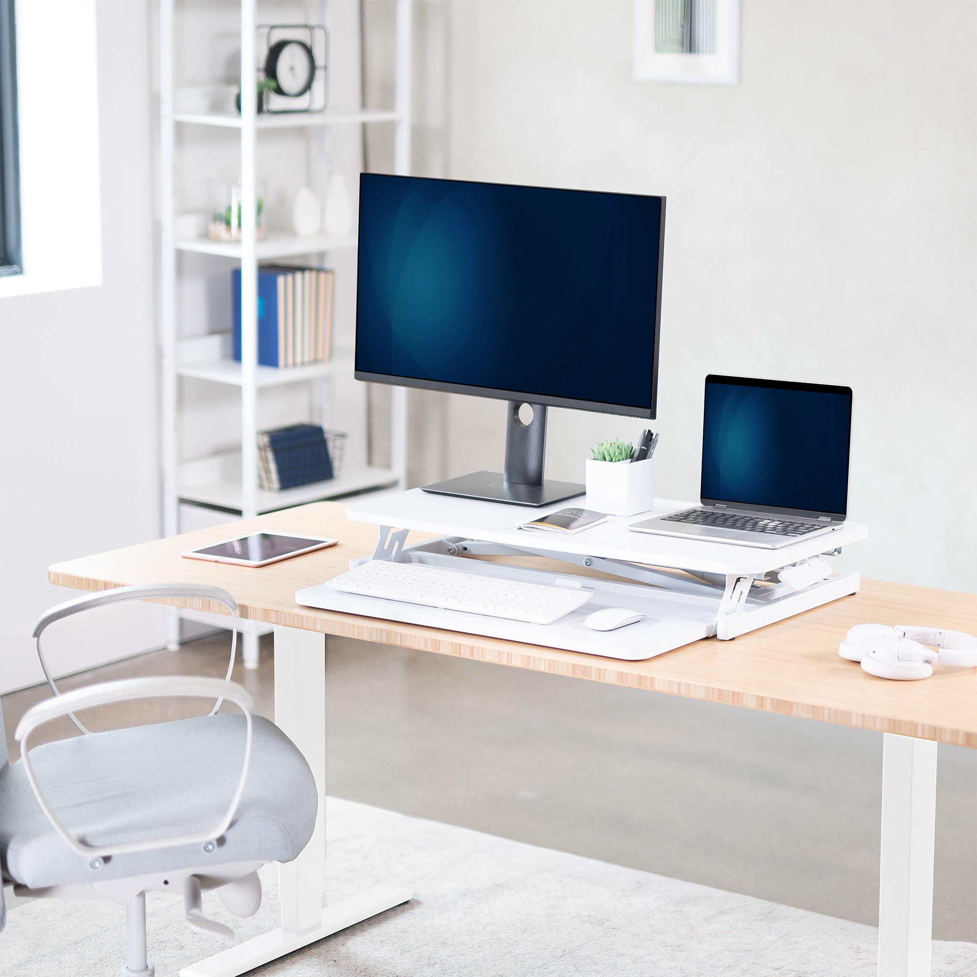 VIVO White Height Adjustable 32" Standing Desk Monitor Riser, Sit Stand Tabletop