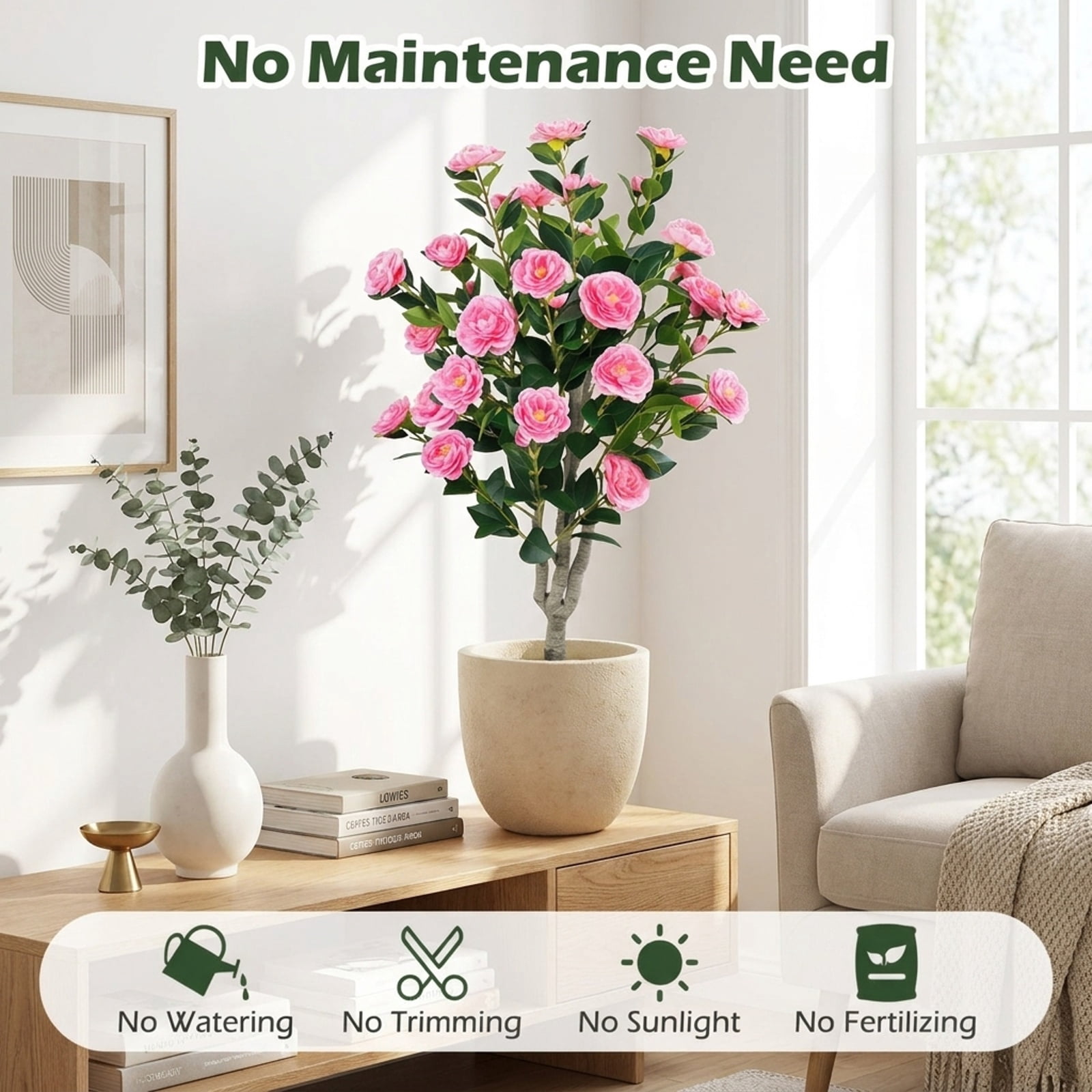 Vebreda Artificial Plant Decor, Set of 2 39.5" Artificial Camellia Tree with Orange Blossoms in Cement Pot for Decoration, Selected Materials