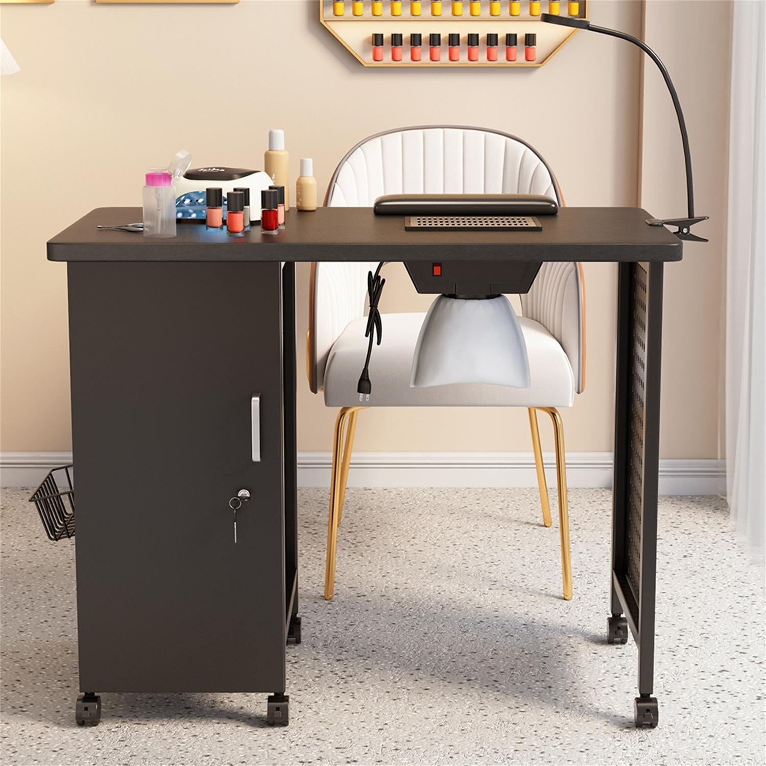 Kadyn 39" Manicure Table Nail Desk, Beauty Spa Salon Workstation w/ Wrist Rest, Lockable Cabinets,LED Lamp,Electric Downdraft Vent,Black Kadyn 39" Manicure Table Nail Desk, Beauty Spa Salon Workstation w/ Wrist Rest, Lockable Cabinets,LED Lamp,Electric Downdraft Vent,Black