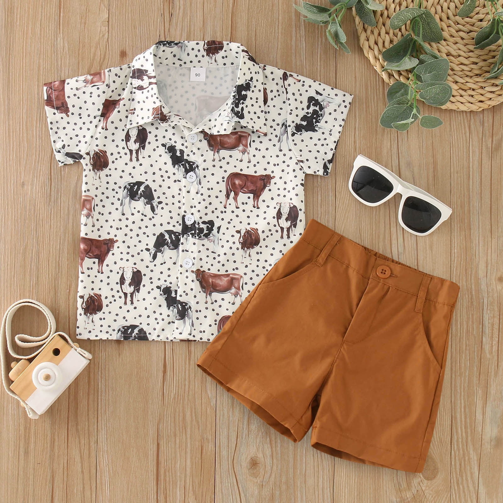 Little Boys Outfit Sets Short Sleeve Cartoon Prints T Shirt Tops Shorts Child Gentleman Outfits