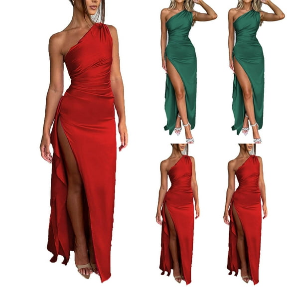 Elainilye Fashion Dresses for Women Wedding Guest Casual Evening Dress Backless Tube Top Vent Sleeveless Skew Collar Ankle Dress,Red
