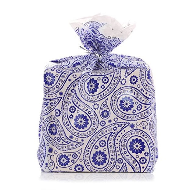 reusable blue paisley plastic gift wrap bags reuse as pretty trash