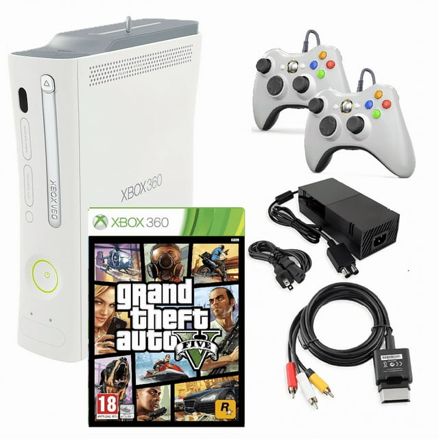 Microsoft Xbox 360 Console Original White with GTA V and Two Retrofam Controllers (Refurbished)