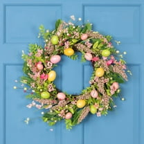 JEWLALO Easter Eggs Wreath - Hibiscus and Berries Artificial Easter Twig Wreath - 20" - Pink and Green - Easter Spring Decorations
