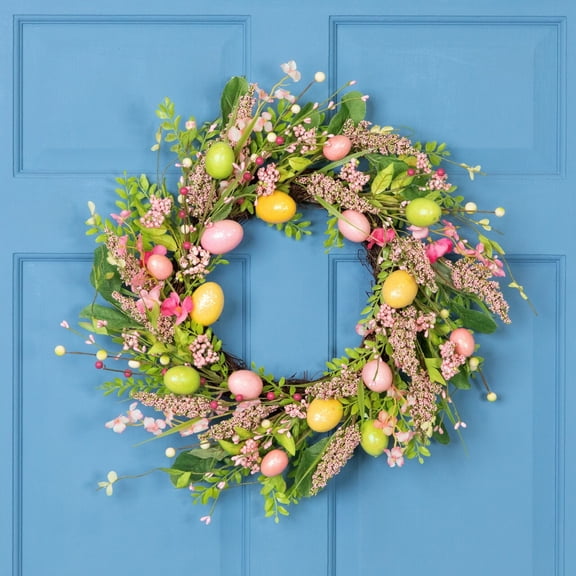 JEWLALO Easter Eggs Wreath - Hibiscus and Berries Artificial Easter Twig Wreath - 20" - Pink and Green - Easter Spring Decorations