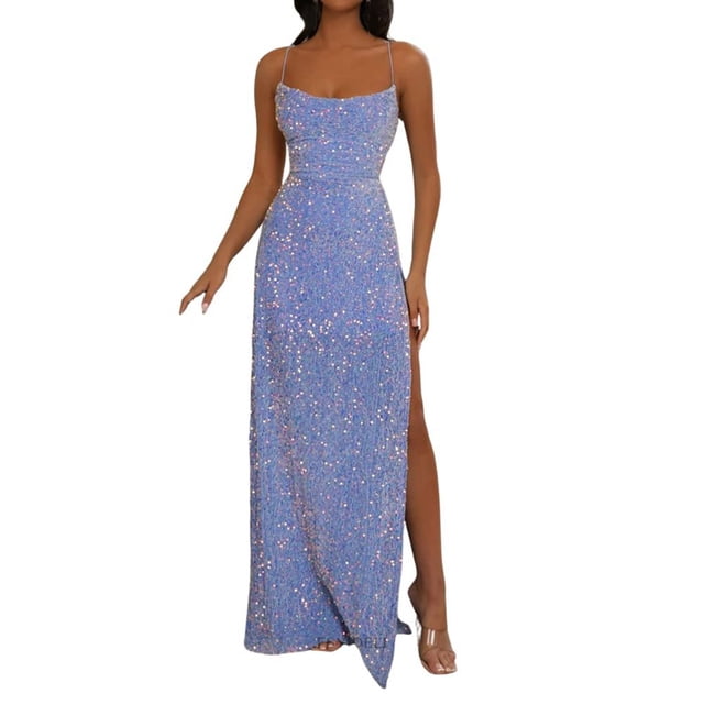 Gibobby Vestidos de fiesta largos elegantes Vestido halter sexy sin espalda para mujer Vestido de dama de honor de boda con lentejuelas sólidas(Azul,M)