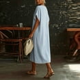 thumbnail image 5 of LNWUY Women's V Neck Linen Maxi Dress with Lace Trim Short Sleeve Solid Color Loose Pocket Long Dress Summer Casual Beach Dress Blue XXXL, 5 of 6