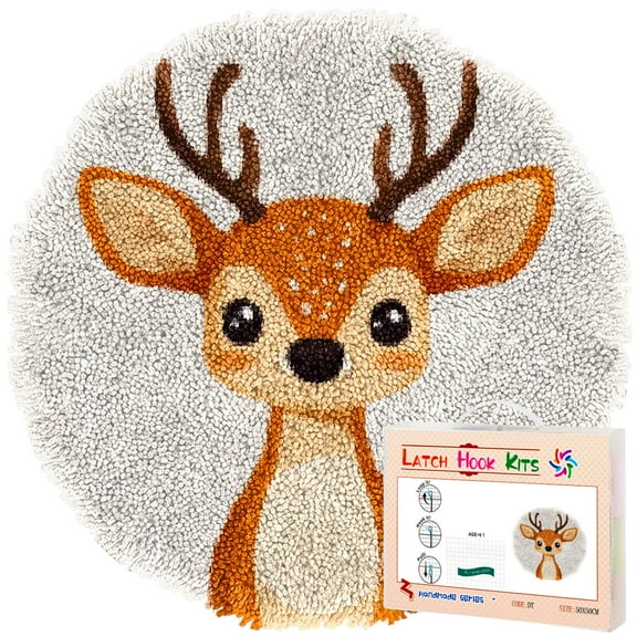 Latch Hook Rug Kit A Cartoon Cute Deer Stamped Handmade Round Shape Carpet Crochet Yarn Craft DIY Hook and Latch Door Mat Tapestry for Home Floor Decor 50x50cm(4)