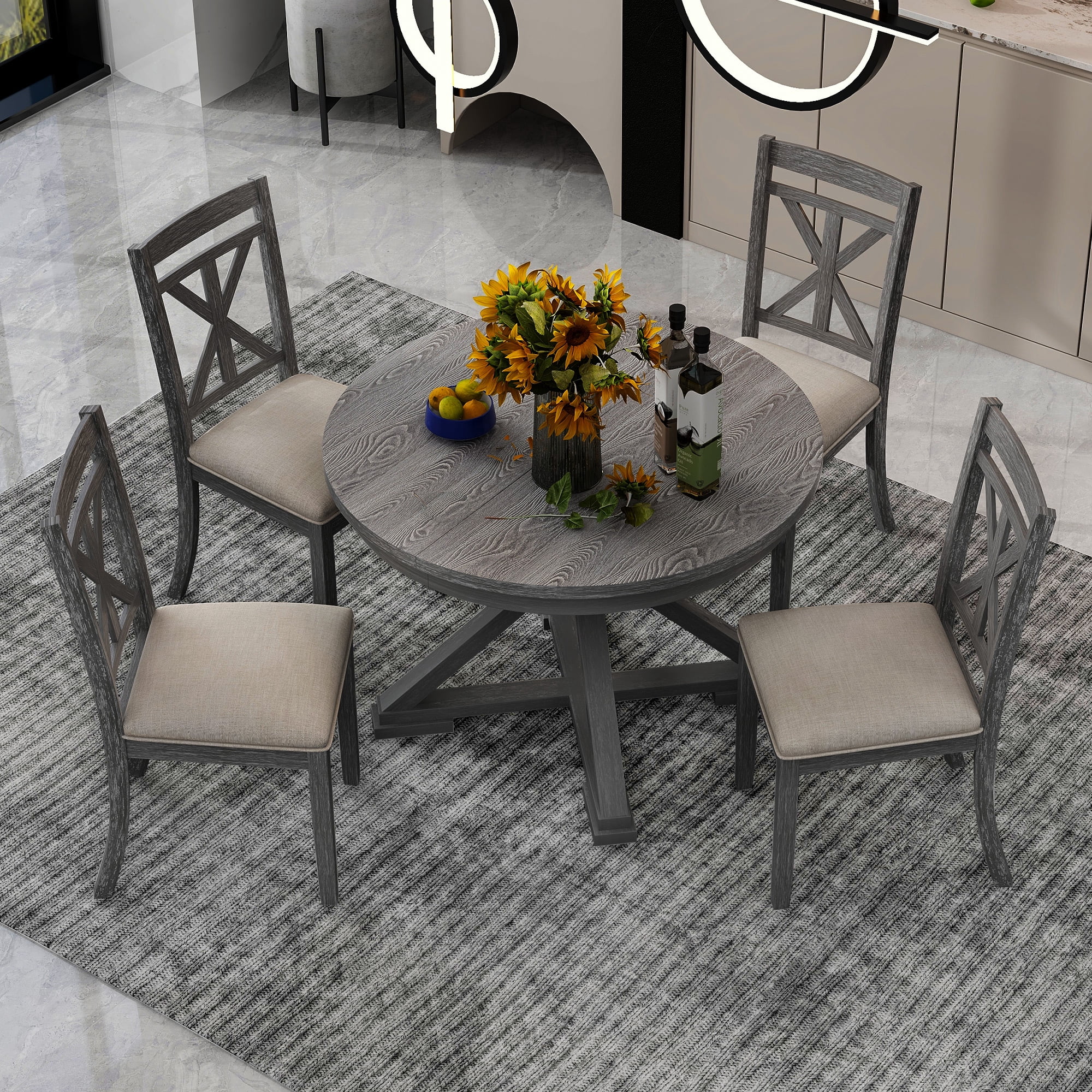 Euroco 5-Piece Retro Dining Table Set with Extendable Round Dining Table and 4 Upholstered Chairs for Dining Room and Living Room,Grey