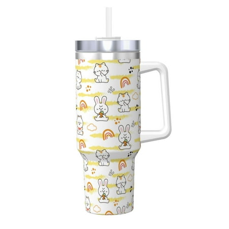 

Gaeub Rabbit And Milk Tea Print Stainless Steel Hot/Cold Coffee Cup 40oz Ice Bully Cup With Handle And Straw Travel Coffee Cup