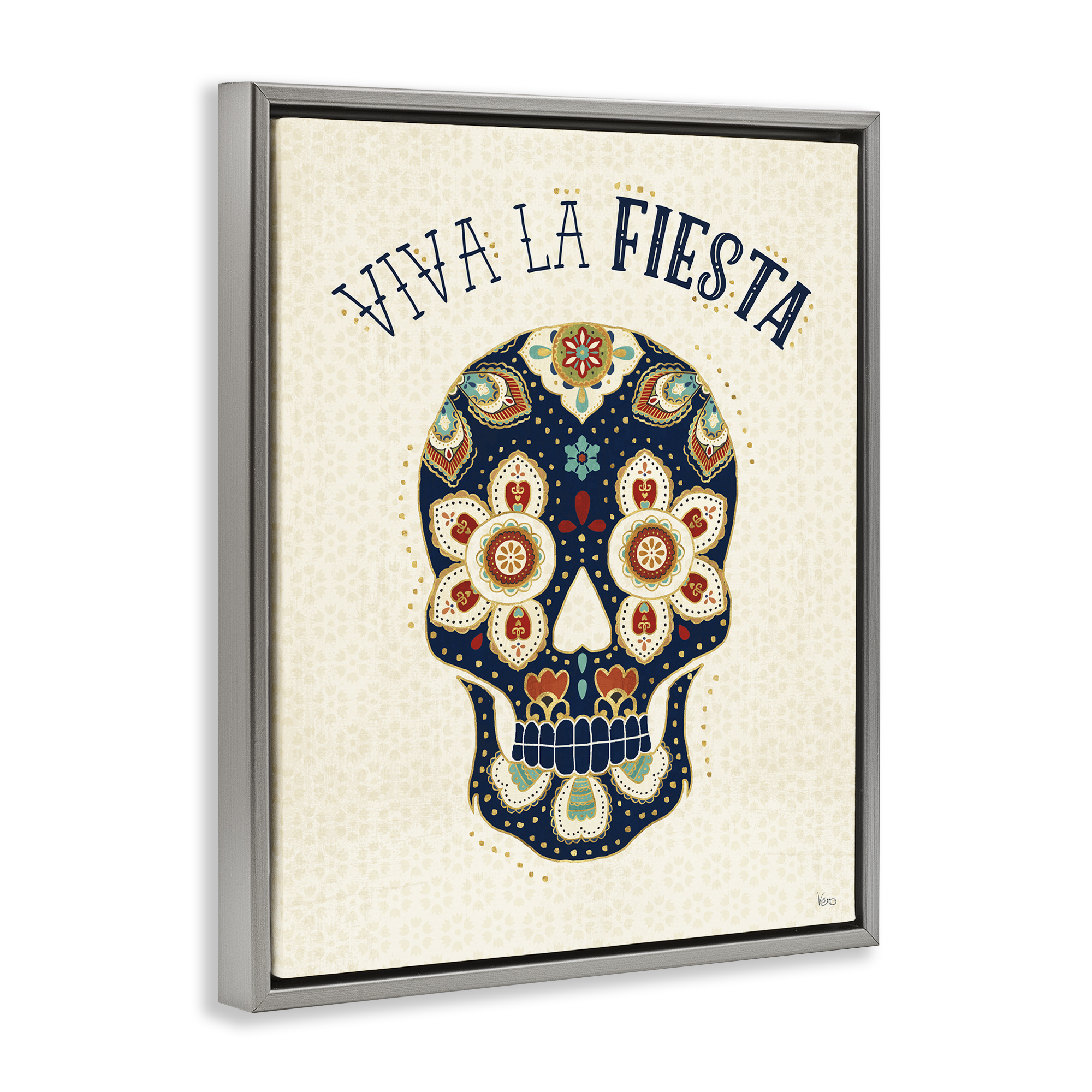Stupell Industries Viva la Fiesta Calavera Inspirational Quotes & Sayings Painting Gray Floater Framed Art Print Wall Art, 17 x 21
